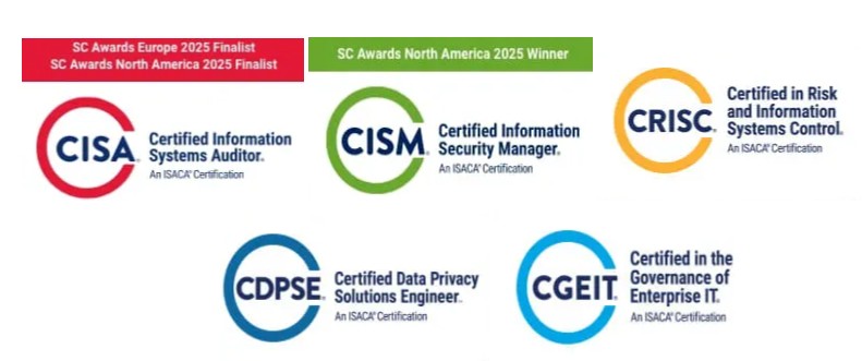 ISACA CISA, CISM, CRISC, CDPSE, CGEIT certification badges